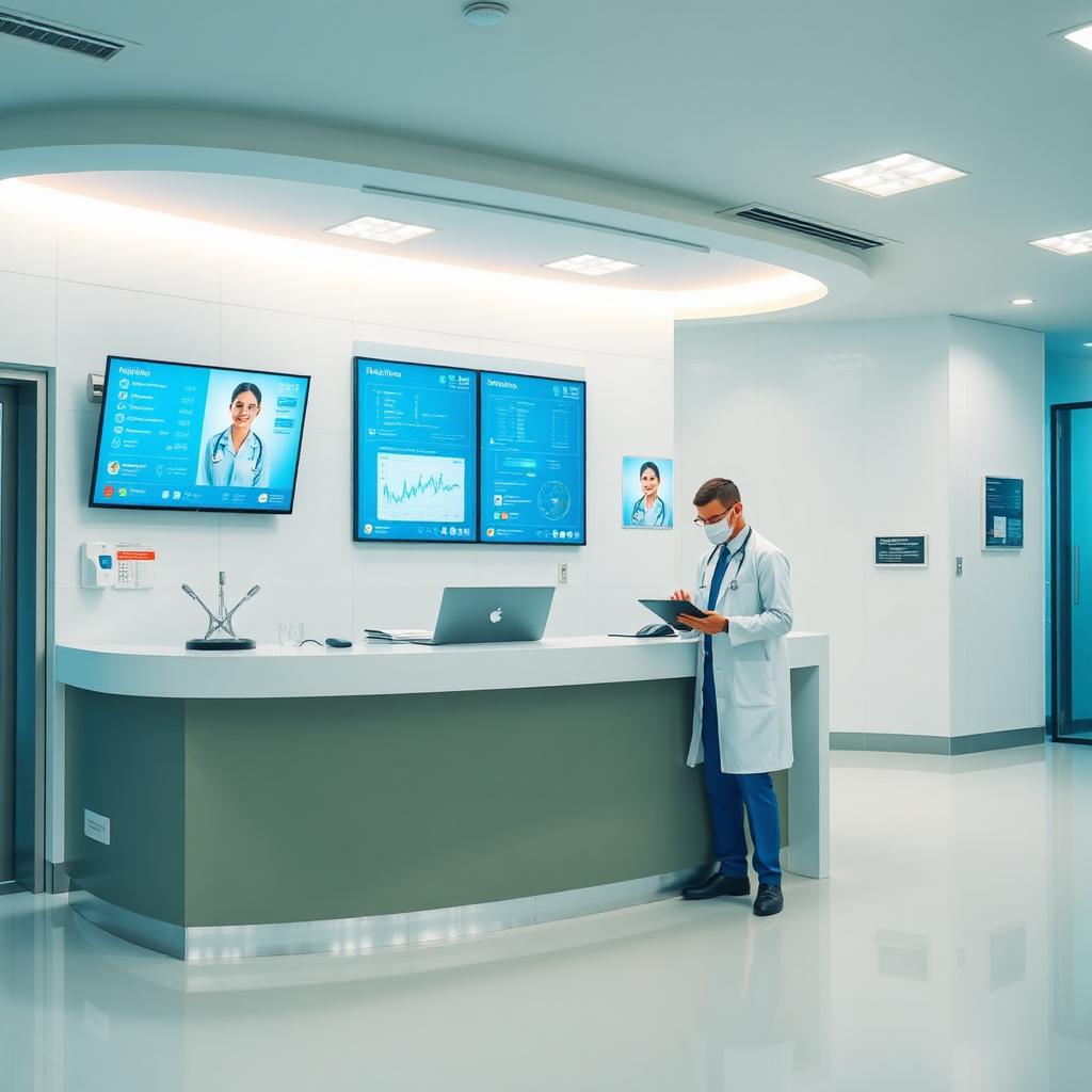 Ziekenhuis receptie met digitale schermen
