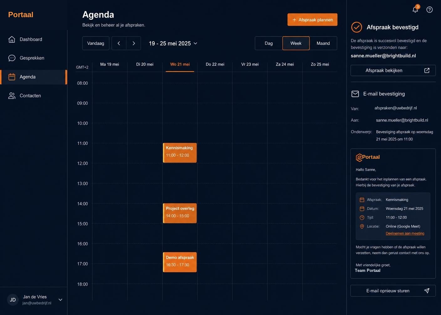 Agenda in het portaal met ingeplande afspraken en verstuurde bevestiging