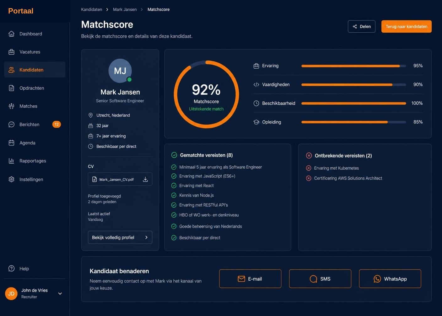 Matchscore van een kandidaat met onderbouwing per onderdeel