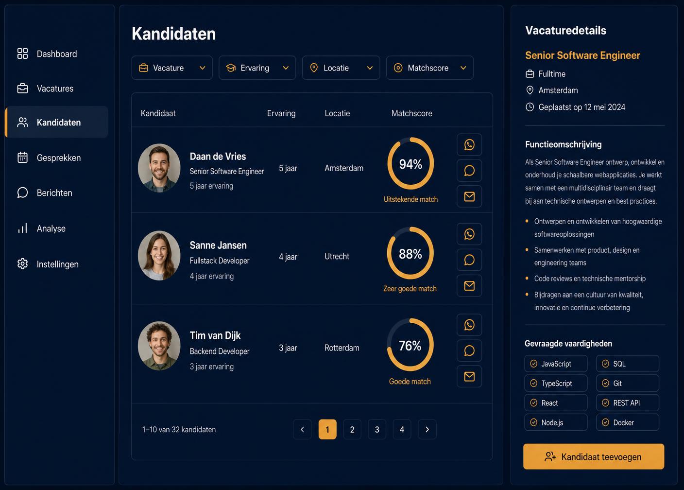 Portaalscherm met kandidatenlijst, matchscores en vacaturedetails