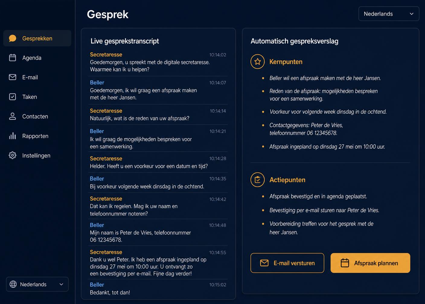 Portaalscherm met live gesprekstranscript en automatisch gespreksverslag