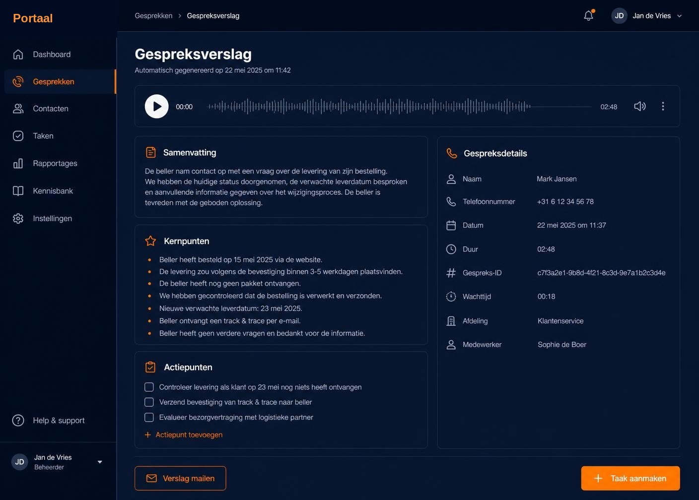 Automatisch gespreksverslag met samenvatting, kernpunten en actiepunten